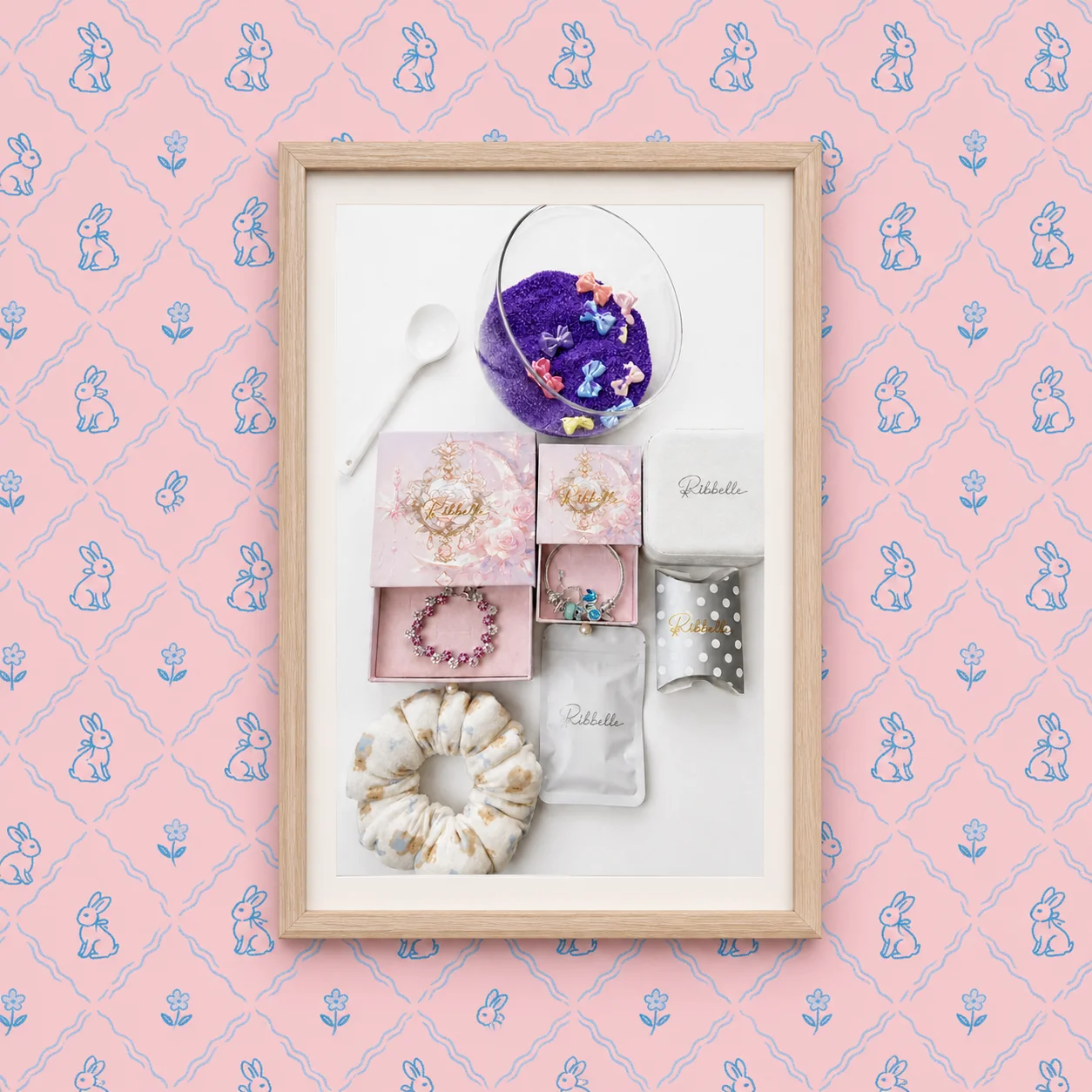 The Lucky Scoop — framed flat-lay of jewelry, bows and a lace scrunchie