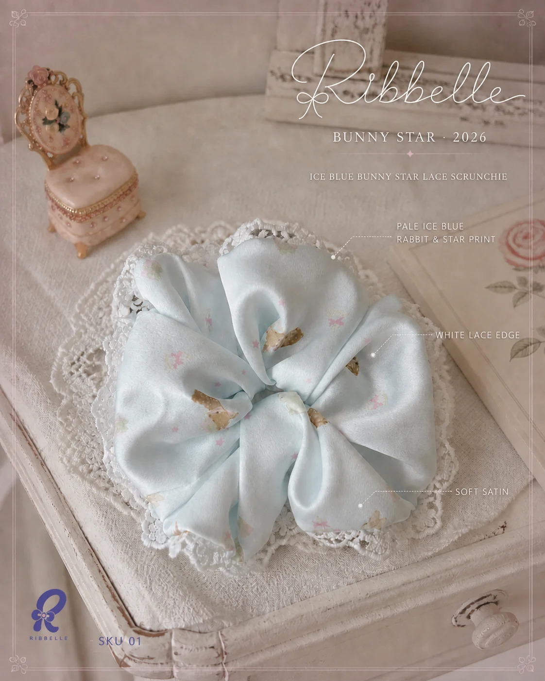 Ice Blue Bunny Star lace scrunchie