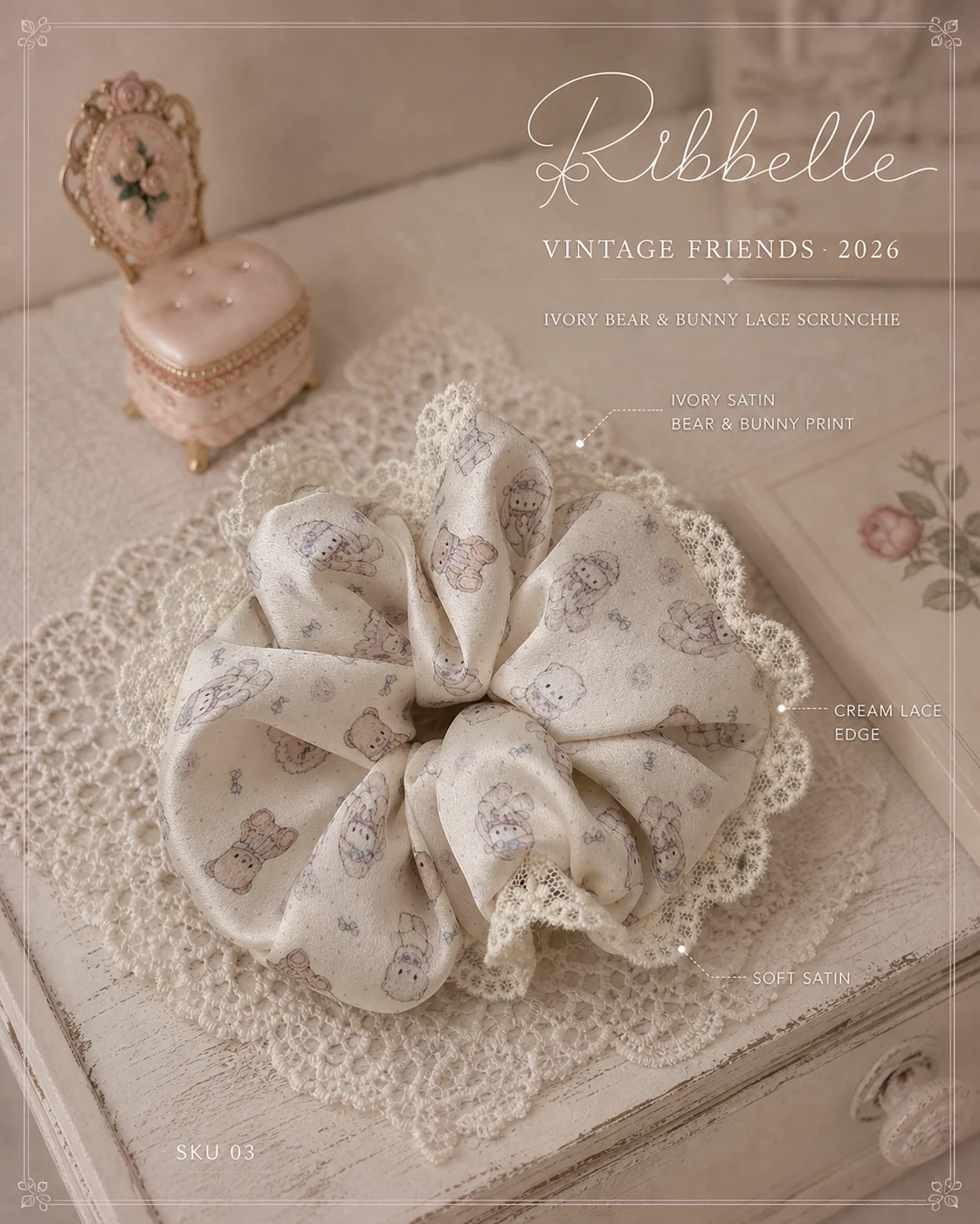 Ivory Vintage Bear & Bunny lace scrunchie