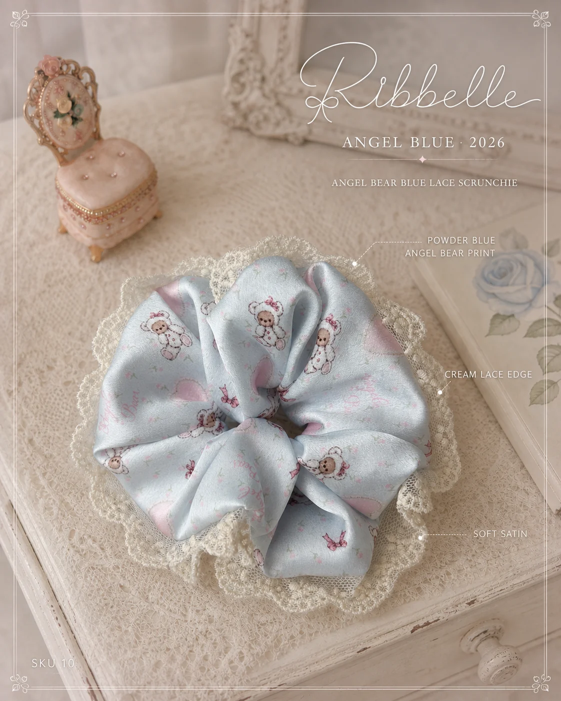 Angel Bear Blue lace scrunchie