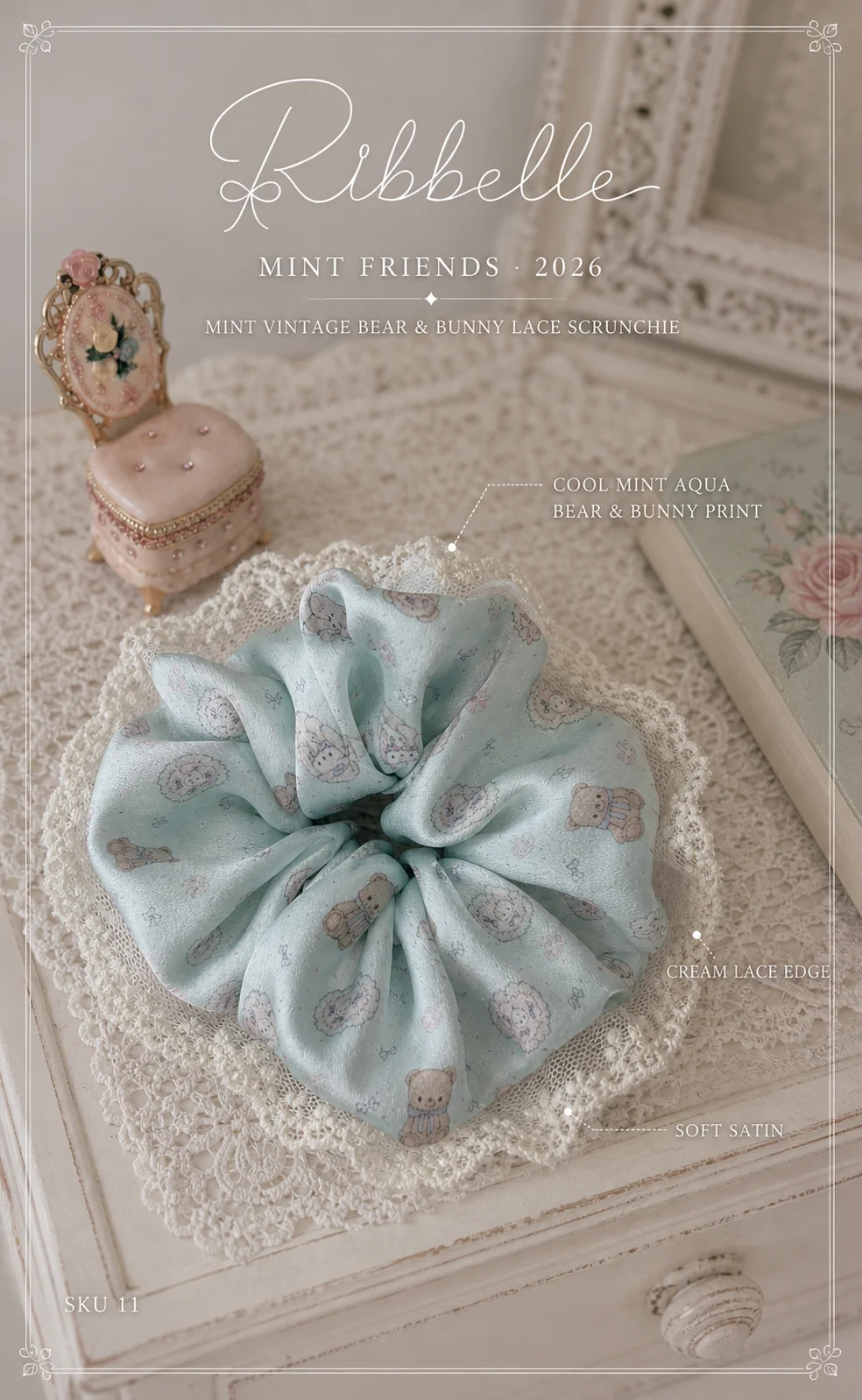 Mint Vintage Bear & Bunny lace scrunchie